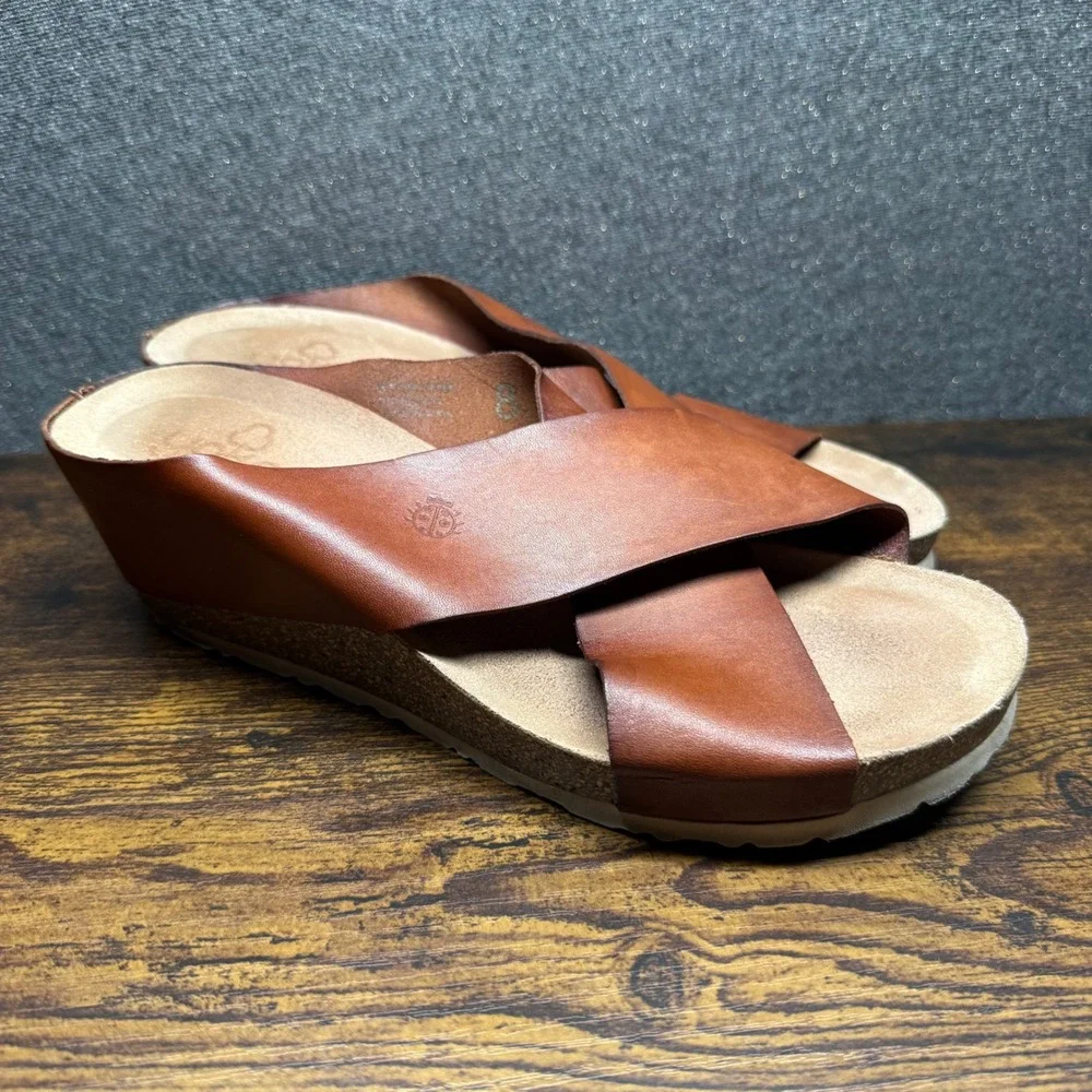 Yokono Brown Leather Wedge Sandals Size 8 Made in Spain Criss Cross Slide Mule
